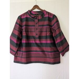 Talbots Silk‎ Striped Mandarin Collar Top Sz 18 Burgundy Black Pink Bold Elegant